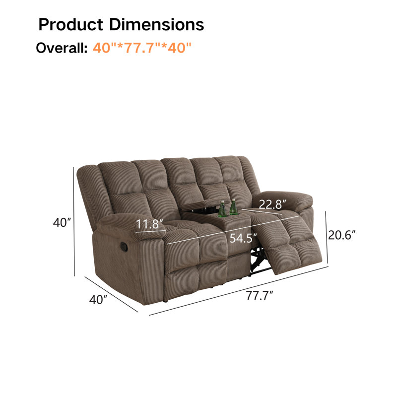 Manual Reclining Loveseat With Middle Console - Corduroy Upholstery, Dual Cup Holders, Split-Back Design, Brown