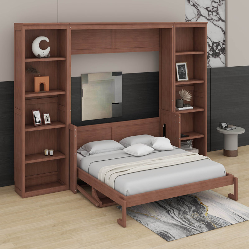 Lit escamotable double avec bureau et bibliothèque, Lit double