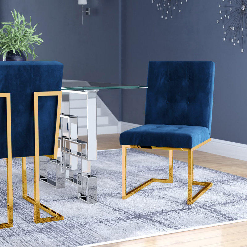 Chaise d'appoint en velours capitonné Chakevia, Velours marine, Or