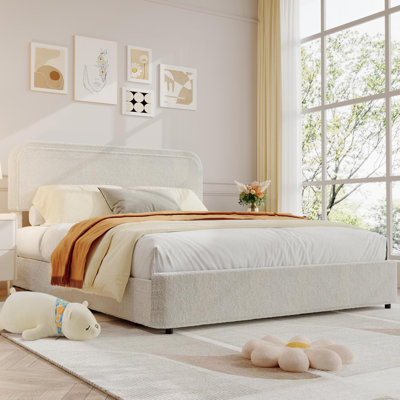 Cadre de lit double, cadre de lit tapissier avec tête de lit Boucle, 2 tiroirs de rangement, cadre de lit plateforme moderne, lit moelleux beige, support de lattes en bois, aucun sommier nécessaire