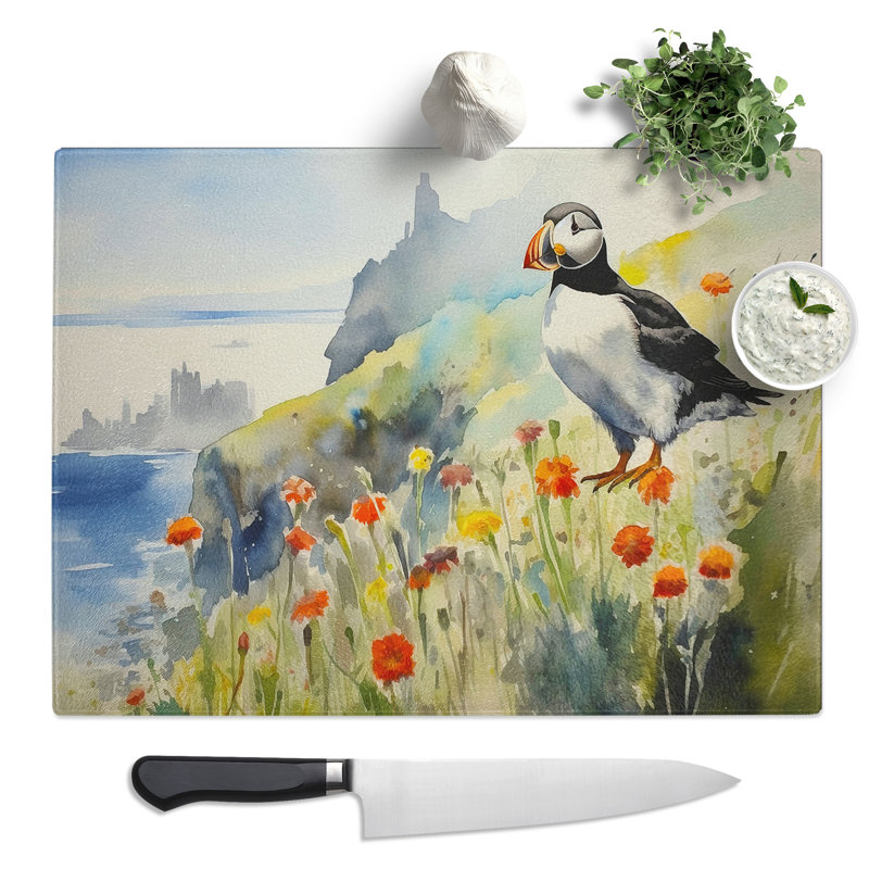 Puffin Watercolour No.2  Glass Chopping Board