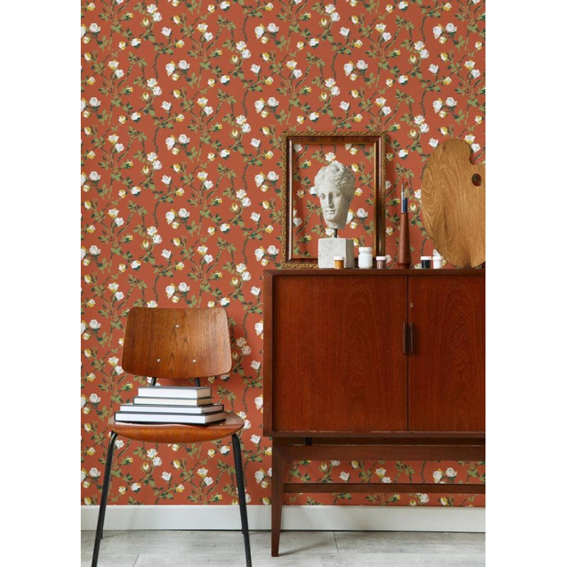 Lady Charlotte Rose Thorns 10' L x 24" W Peel and Stick Wallpaper Tile, Vermilliom, Faux Grasscloth, Non-pasted