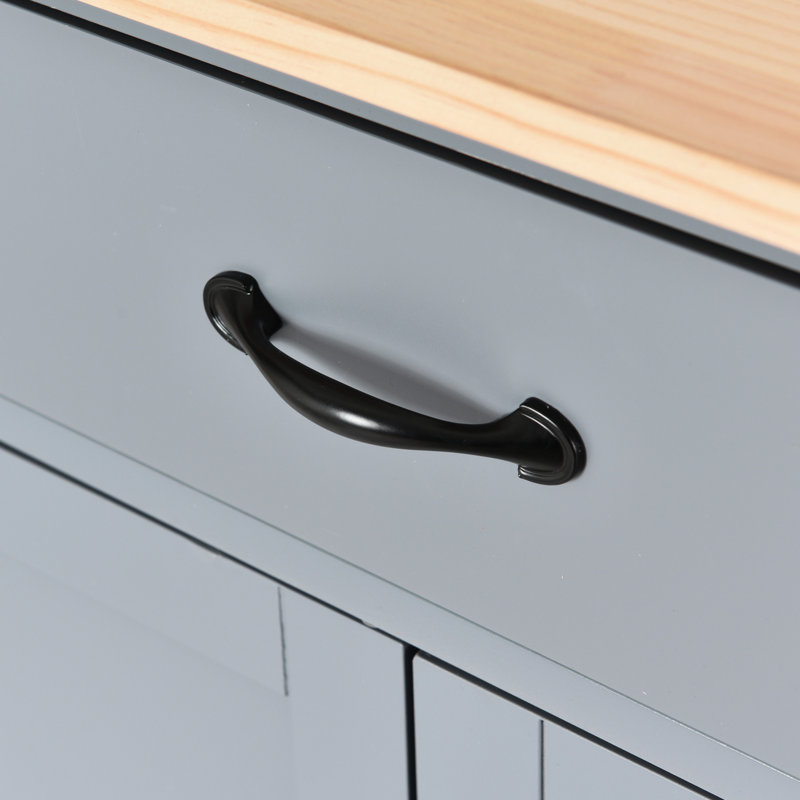 Chariot pour îlot de cuisine avec plateau en bois massif stable, armoire à 4 portes, 2 tiroirs, porte-épices et porte-serviettes, roues verrouillables, plateau gris-bleu et tablettes