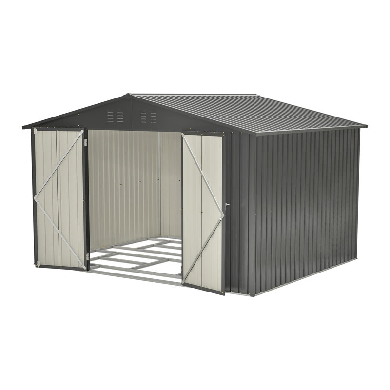 Remise de rangement extérieure en métal 10 pi x 8 pi avec portes verrouillables, remise à outils toutes saisons en acier galvanisé pour la cour, le patio et la pelouse - Noir