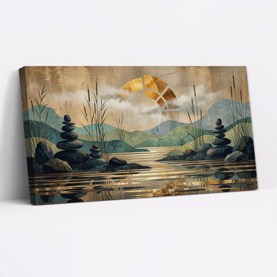 Stacked Stones and Cattails in Gold Mountain Landscape Canvas Wall Art