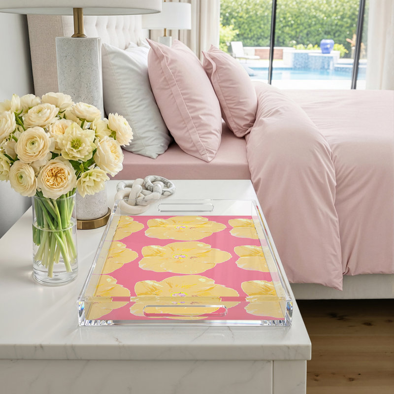 Plateau décoratif rectangulaire en acrylique Hibiscus, H 2 po x l 22,5 po x P 14,5 po, Rose