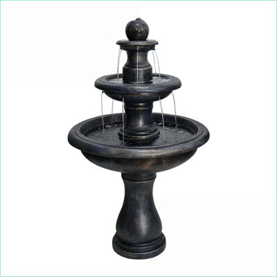 Fountains, 3-Tiered Modern Weather Resistant Outdoor Fountain for Garden Patio | Black | Concrete / Cement