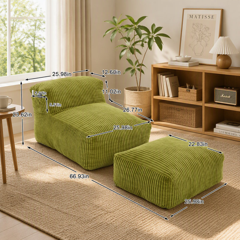 Fauteuil à billes avec repose-pieds, Olive