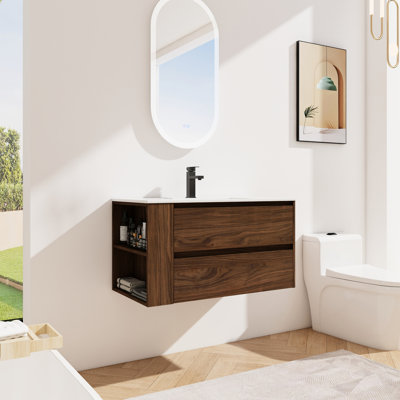Meuble-lavabo 36 po avec lavabo en céramique et tiroir à fermeture en douceur aux 2/3 tiroirs - Design contemporain avec base en contreplaqué de chêne brun