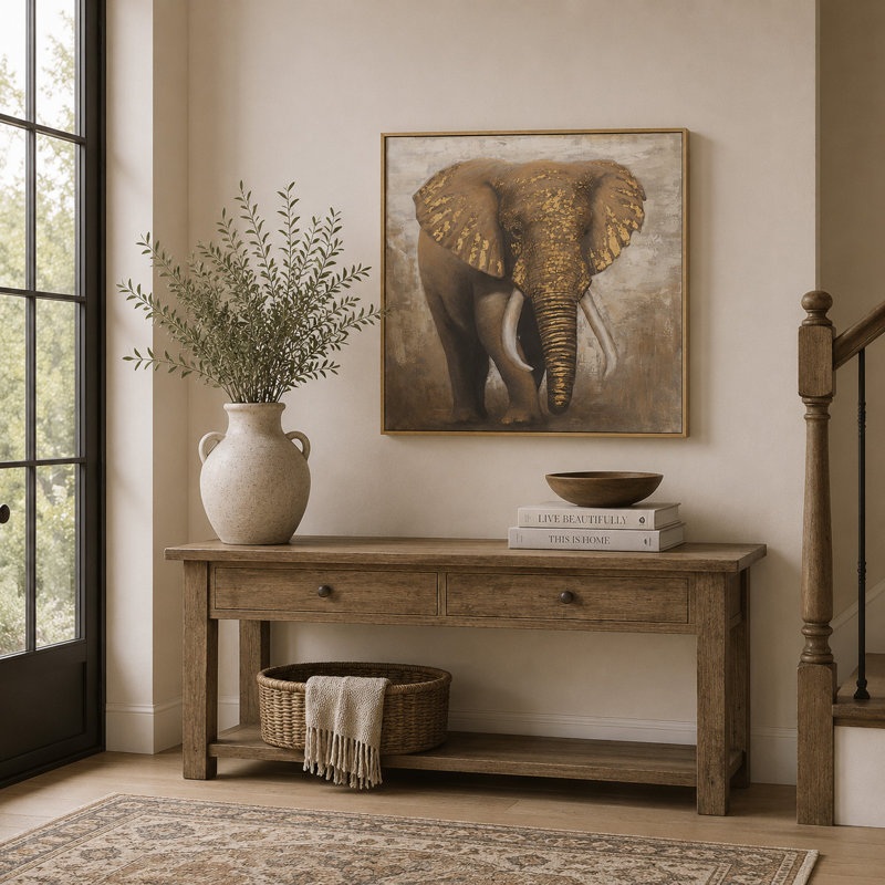 Art mural encadré en toile brune avec cadre éléphant