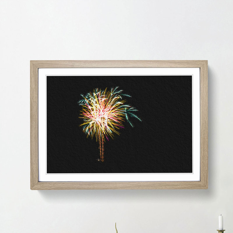 Palm Tree Fireworks - Framed Print, 48cm H x 65cm W x 2cm D, Oak Framed