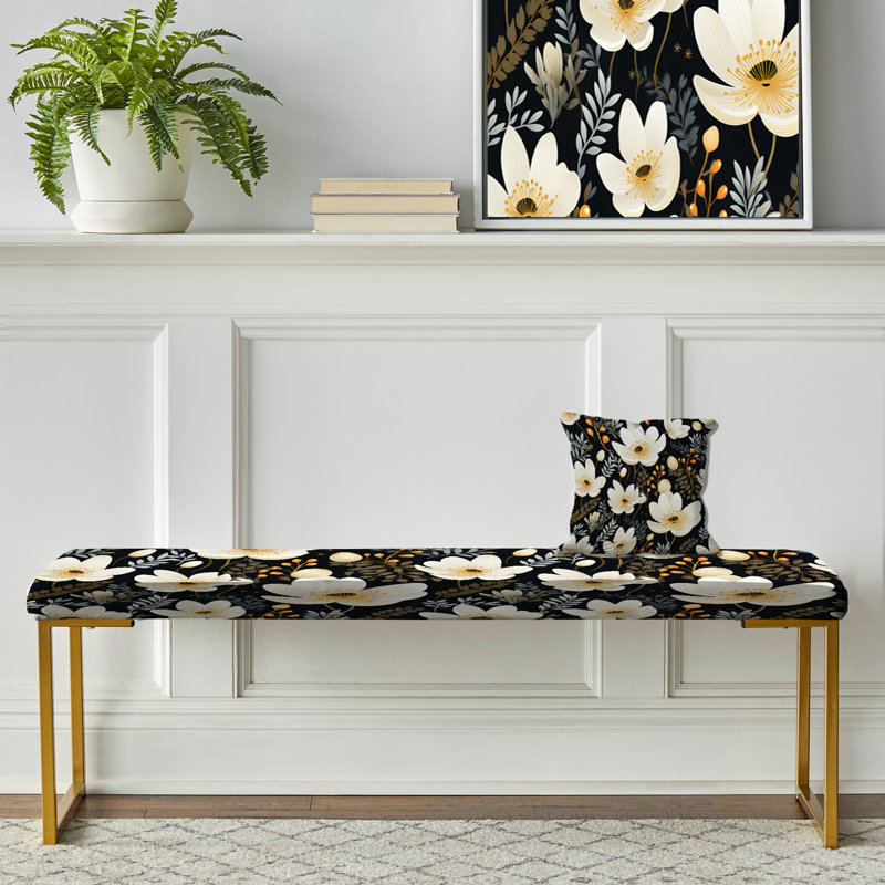 Banc floral rembourré or, Rêverie de jardin noire et beige