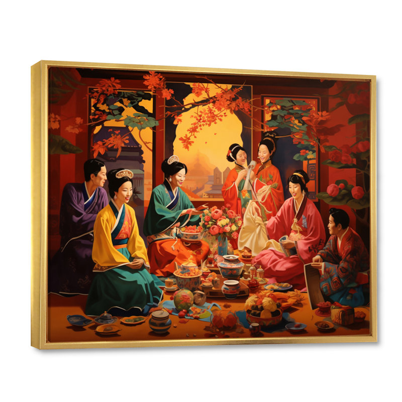 Asian Art Festive Celebration - impression, Cadre flottant doré, H 30 po x l 40 po x P 1,5 po