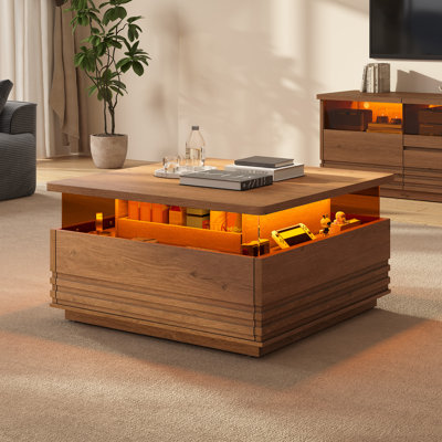 31.5'' Mid-Century Square Coffee Table With Led Lights, 2 Glass Panel Drawers & Built-in Sliding Tray