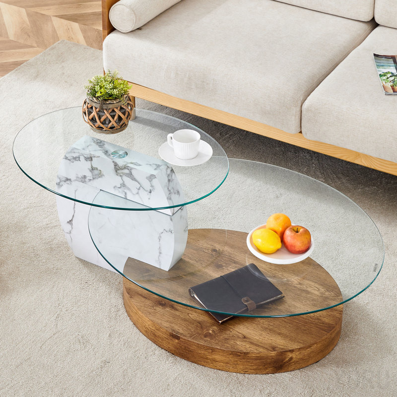 Table basse contemporaine à double couche avec base bicolore et motif de grain de bois, verre trempé ovale, - égratignure, facile à assembler, artistique unique avec fusion en marbre blanc, pieds stables,
