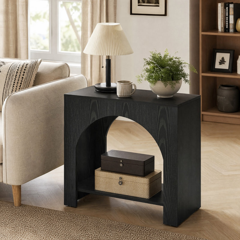Farmhouse End Table With Storage Shelf For Living Room, Black, 1