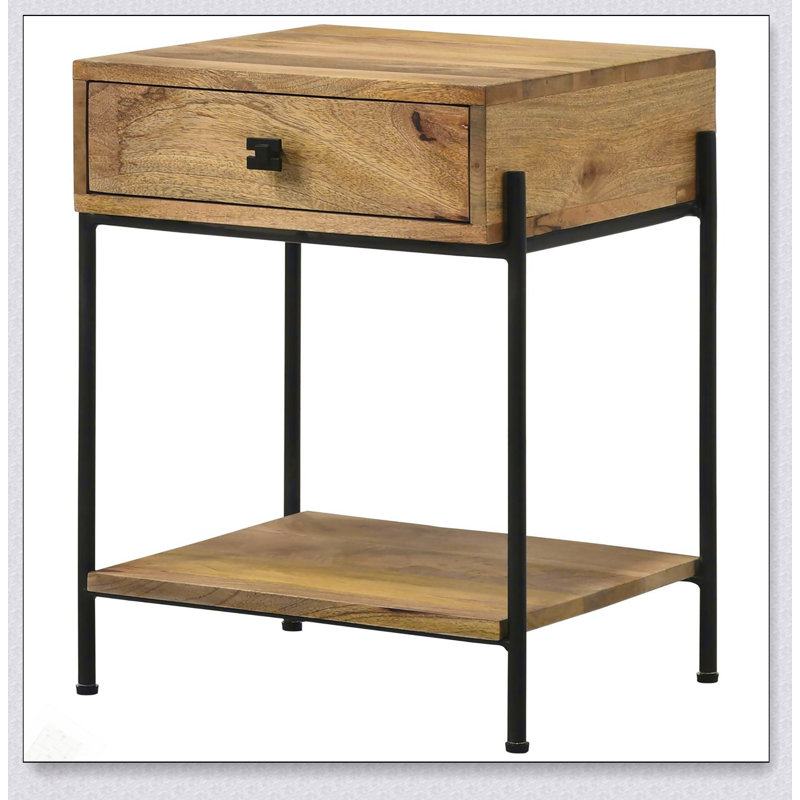 Table d'appoint à 1 tiroir en bois de manguier naturel avec tablette inférieure, parfaite pour les intérieurs rustiques et modernes