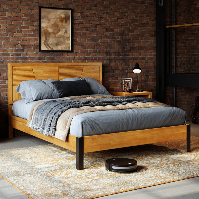 Trapeze Modern Industrial Platform Queen Size Bed Frame - Light Natural Finish with Slat Pattern Headboard & Iron Legs, Queen