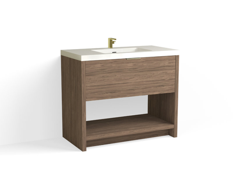 Vista 42" W Freestanding Single Bathroom Vanity, White Gloss, Nocino/Satin Brass, Single-Hole