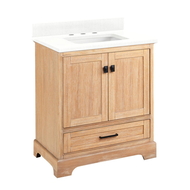 Quen 30" Freestanding Single Basin Vanity Set with Cabinet, Vanity Top, 8" Centers, Driftwood Brown, Feathered White Quartz