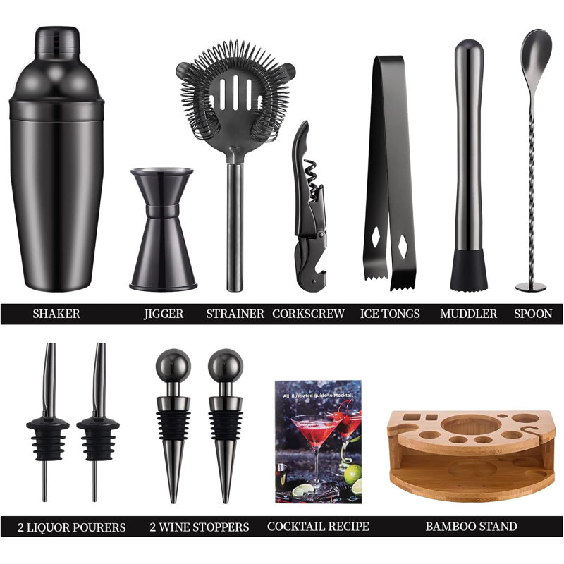 Black Stainless Steel Bartender Kit with Bamboo Stand