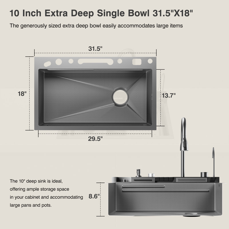 31.5 X 17.7 Inch 304 Stainless Steel Smart Waterfall Kitchen Sink Set With Pull-Down Faucet - Includes Knife Holder, Drain Basket, Cutting Board & Temperature Display