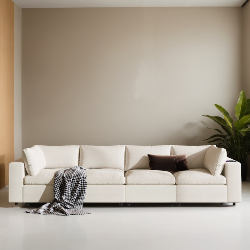 Canapé-lit modulaire moderne avec espace de rangement, ports de charge USB et haut-parleur Bluetooth intégré, Beige