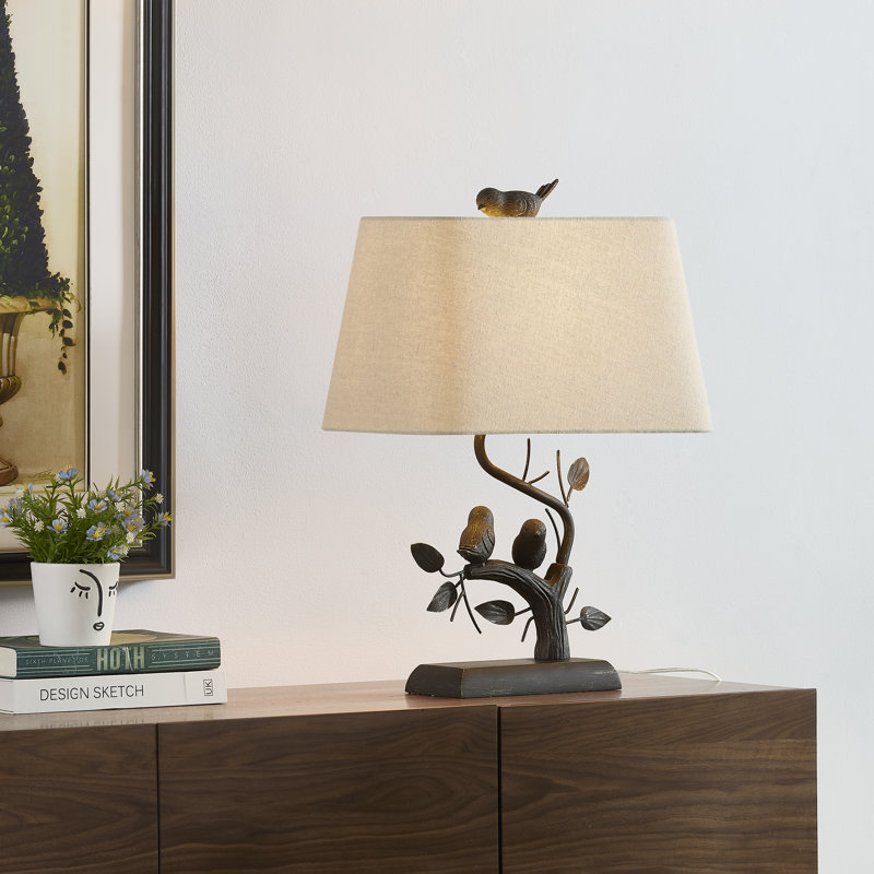22" Bronze Resin Table Lamp With Birds And Rectangle Linen Shade, Brown, Beige