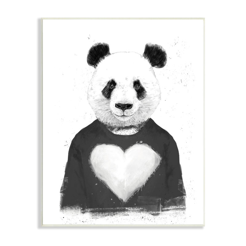 Panda ludique cœur noir et blanc par Balazs Solti, H 15 po x l 10 po x P 1,5 po, Toile tendue