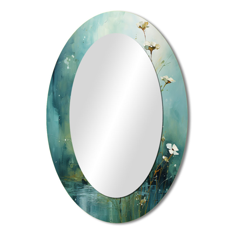 Misty Meadow IV - Grand miroir mural ovale sur métal, 36 po x 24 po