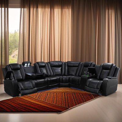 Soren Dark Vegan Leather Sectioanal Living Room Sofa Set With Cup-Holders ,Wireless Charging And LED Lights