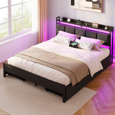 Berte Bed with Storage Headboard, Bed Frame with 4 Storage Drawers, Charging Station and RGB LED Lights