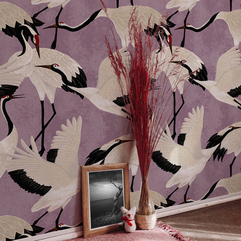 Japanese Crane Wallpaper Mauve Purple, Lilac