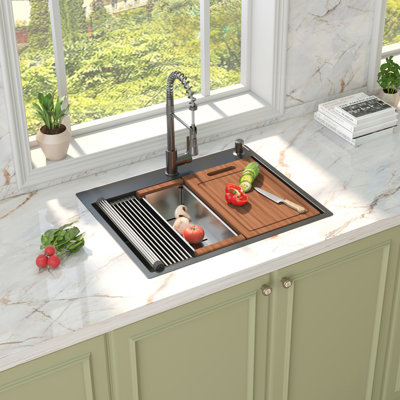 27" L x 22" W Drop In Kitchen Sink Gunmetal Black, HERCATE 16 Gauge Stainless Steel Workstation Sink, 27 Inch Topmount Single Bowl Sink with Accessories