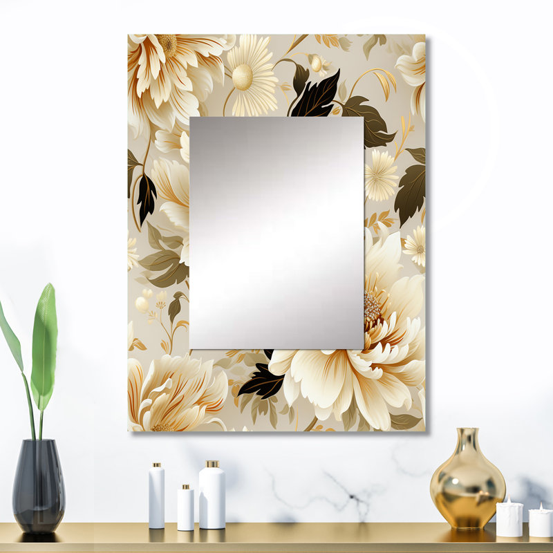 Bolanger Beige Antique Flower Harmony - Floral Decorative Mirror, Cottage Wall Mirror, Printed Metal Art, 32" x 24"