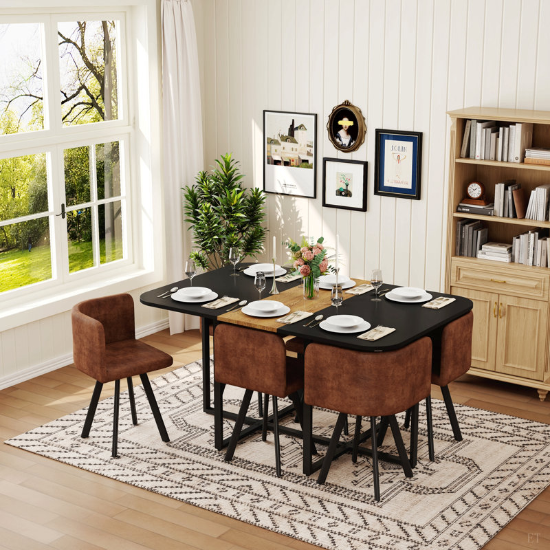 Ensemble de table de salle à manger 7 pièces avec 6 chaises en suède et table de triamine en grain de bois, mobilier de salle à manger de cuisine moderne pour petits espaces, appartement, restaurant