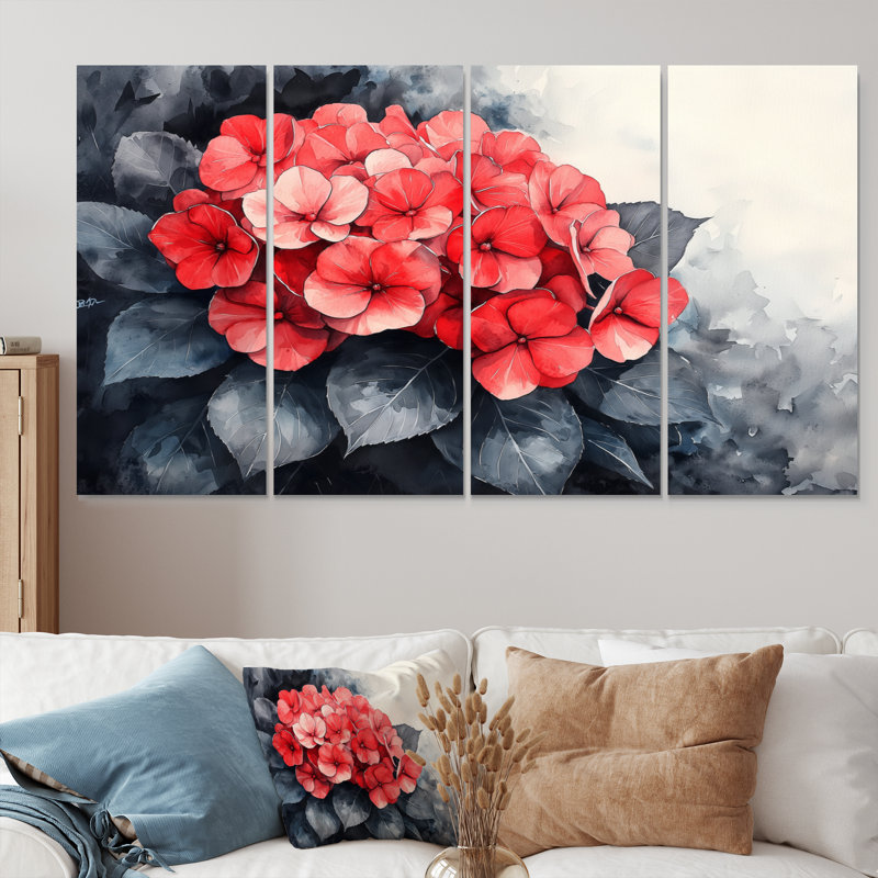 Hortensias monochromes avec accent rouge audacieux II - hydrangées murales - Art mural traditionnel, H 28 po x l 48 po, 4