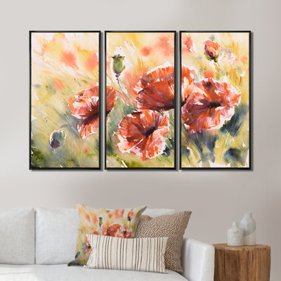 «Red Poppy On A Field», peinture sur toile 3 pièces
