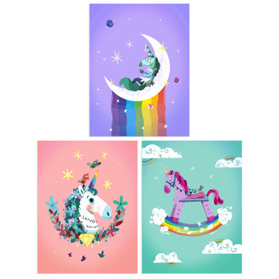 Kids Girl Bedroom Magical Unicorns And Rainbows Purple Pink Blue - 3 Piece No Frame Print Set
