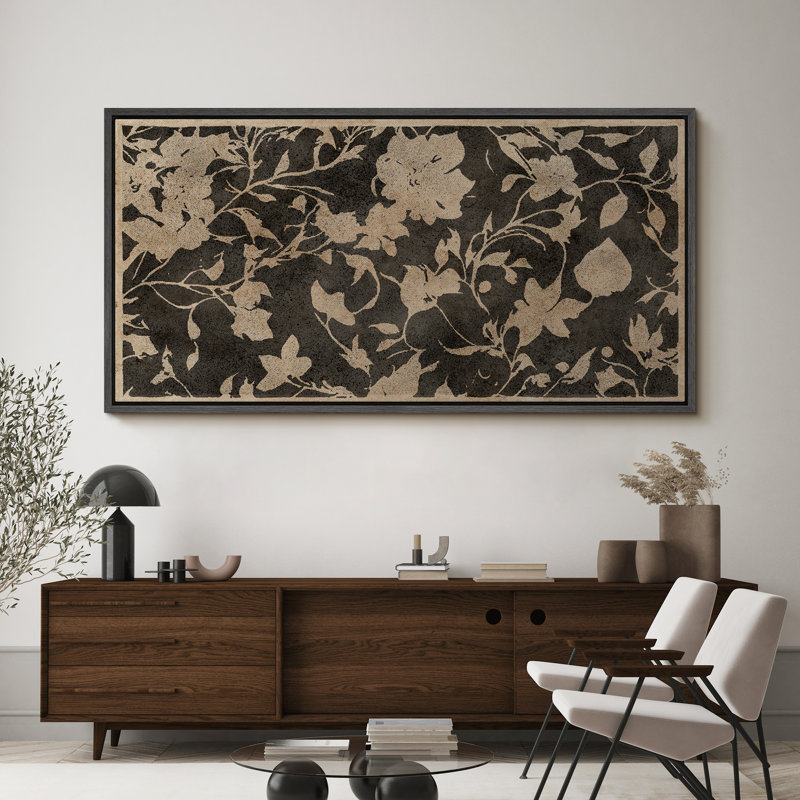 Abstract Botanical Vintage Floral Pattern in Landscape Retro Decor Extra Large Artwork Wall Art, 30" H x 60" W, Black