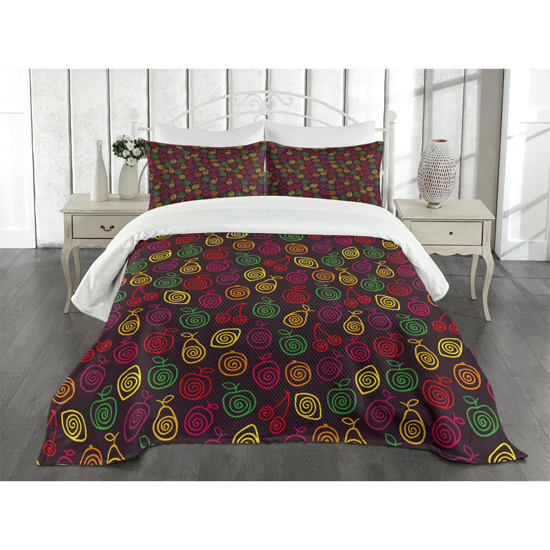 Ambesonne Fruits Bedspread Set  Apples Cherries Pears  Multicolor, King Coverlet / Bedspread + 2 Standard Shams
