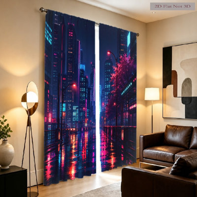 2Pcs Cyberpunk City Curtains, Light Filtering Fabric, Vibrant Neon Cityscape Print, Sunshade and Privacy Protection, Rod-Pocket Design, Suitable for Living Room, Bedroom, Balcony, Kitchen Home Decoration