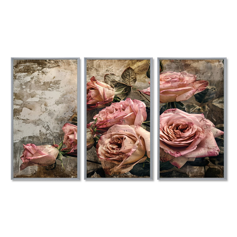 Ensemble d'art mural Northborough - Roses, H 28 po x l 36 po x P 1 po, Encadrement argenté