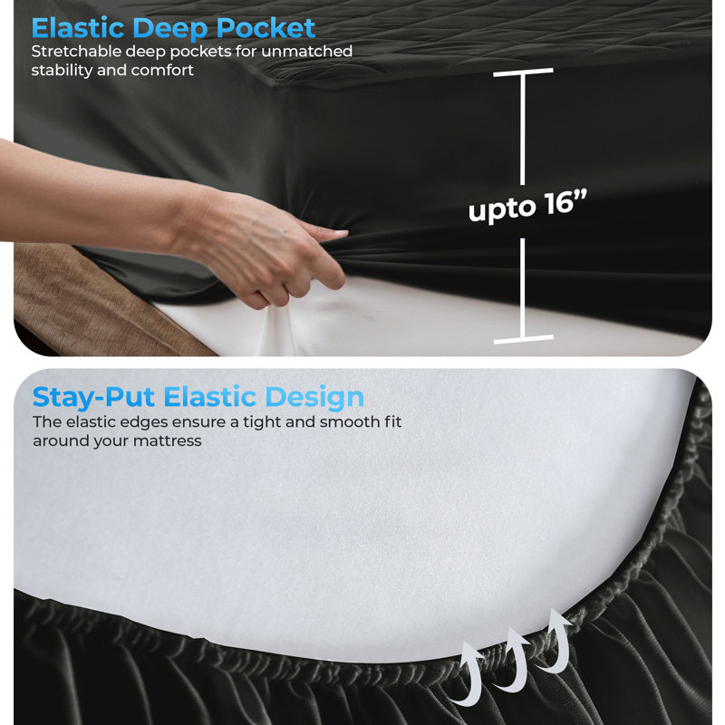 Quilted Elastic Fitted Polyester Waterproof Mattress Pad Upto 16 Inches Deep Pocket, California King, Black