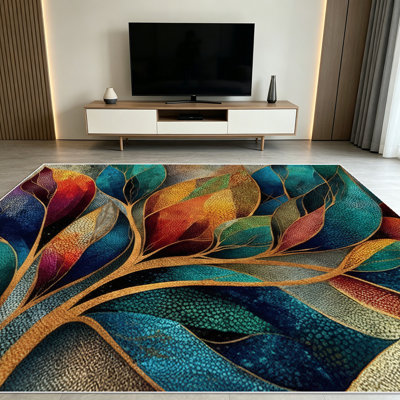 1PC bohemian vintage colorful abstract leaf area rugs for Living Room, Soft and Comfortable, Suitable for all seasons, easy-to-maintain, machine washable Indoor floor mat, Under Table Farmhouse suitable for living room, bedroom, dining room,