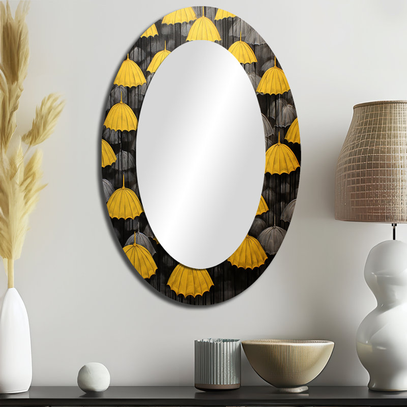 Sky Of Yellow And Grey Umbrellas Tranquillity I - Modern Oval Wall Mirror, 36" H x 24" W
