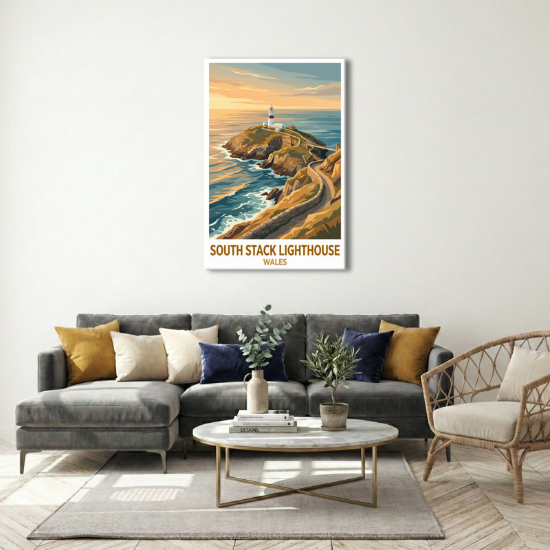 South Stack Lighthouse, Wales - Romantic Coastal Travel Poster | Cliffside Lighthouse Art Print. Giclee Print On Wrapped Canvas. Wall Art, Home Decor - Coastal & Maritime, Wales - Wrapped Canvas Print