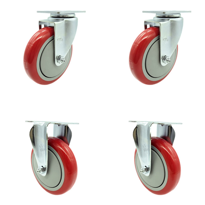 4 Piece Polyurethane Top Plate Caster Set with 2 Rigids, Red