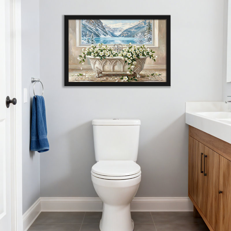 Baignoire de salle de bain, fleurs, montagnes, paysage de neige, 12" H x 18" W, Grain de bois clair, Cadre photo unique