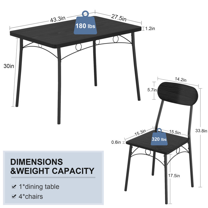Whipton 4 - Person Dining Set, 5-Piece Rustic Black Dining Table Set for 4, Industrial Kitchen Table and Chairs Set with Metal Frame, Space-Saving Dining Room Furniture (Set of 5)